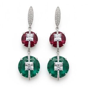 RED GREEN CZ DANGLE SILVER EARRINGS